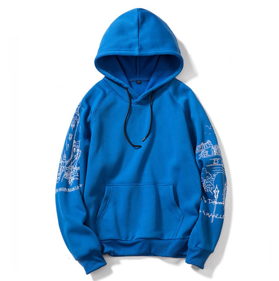 EU Size Schets Print Oranje Hoodies mannen Dikker Kleding Winter Sweatshirts Mannen Hip Hop Streetwear Effen Fleece Man Hoody: Blauw / XL