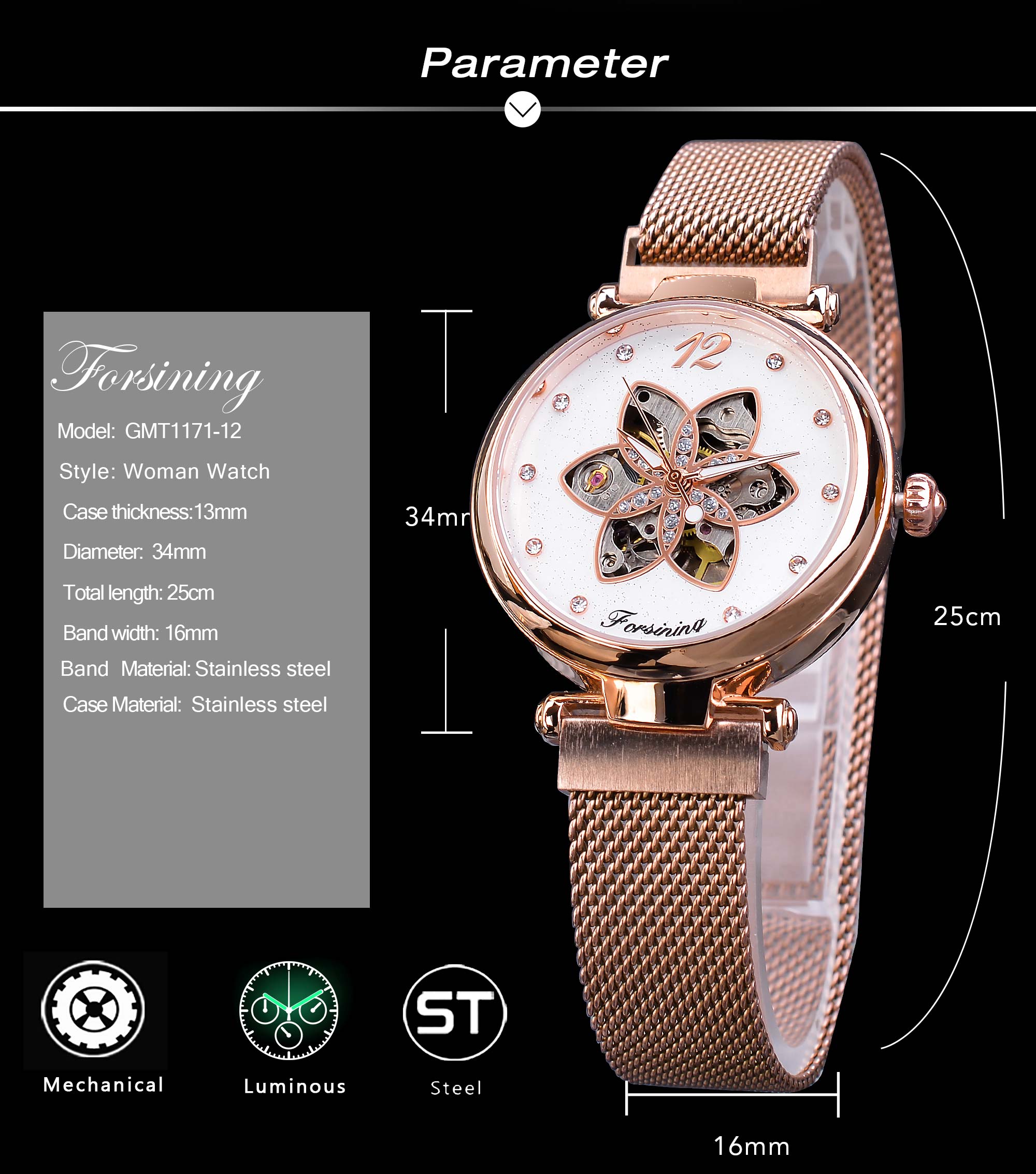 Forsining Vrouwen Horloges Topmerk Luxe Mechanische Automatische Dames Horloges Dial Mesh Waterdichte Lichtgevende Handen Klok