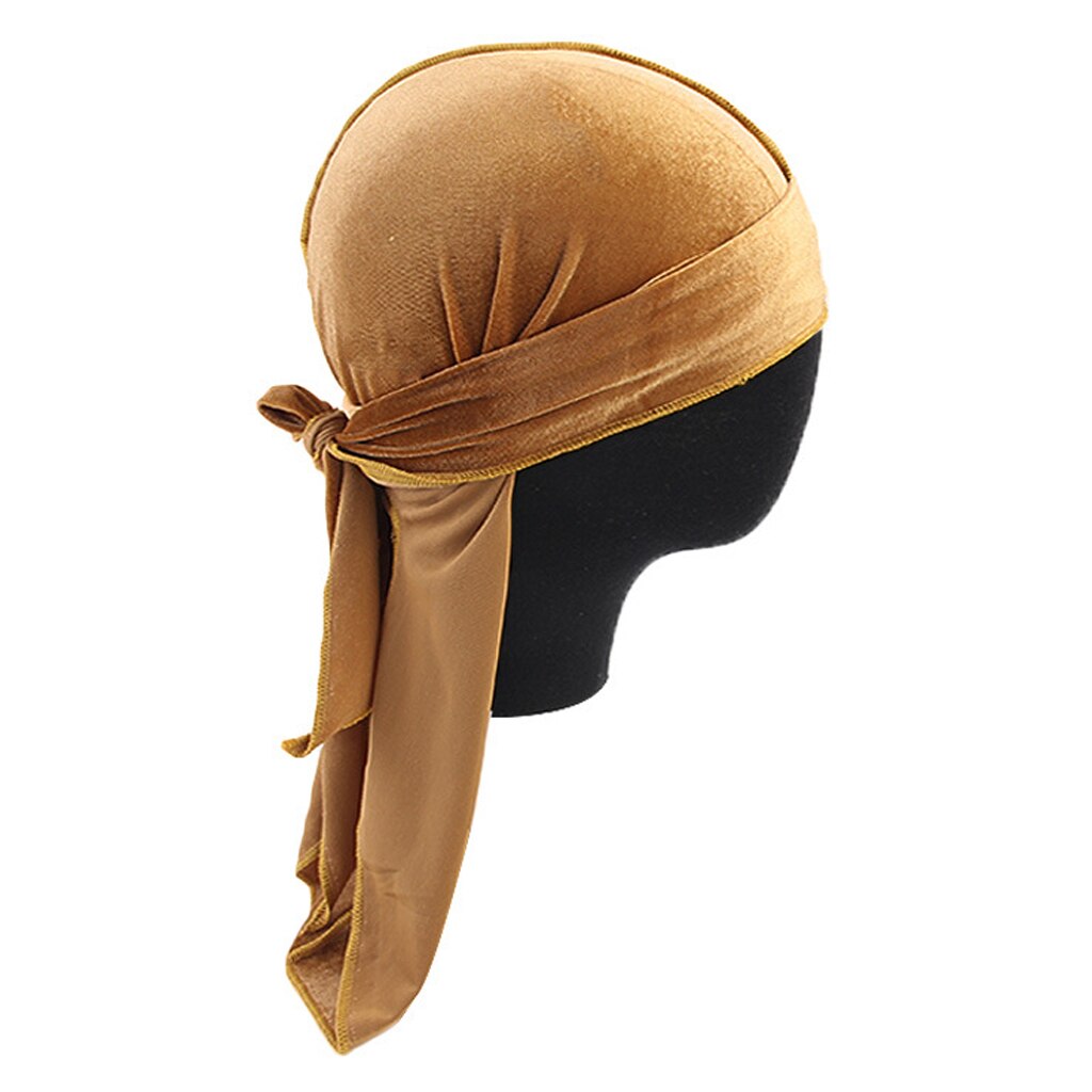 Bandana turbante de terciopelo liso con cola larga para hombre y mujer, sombrero de pirata Durag: Caqui