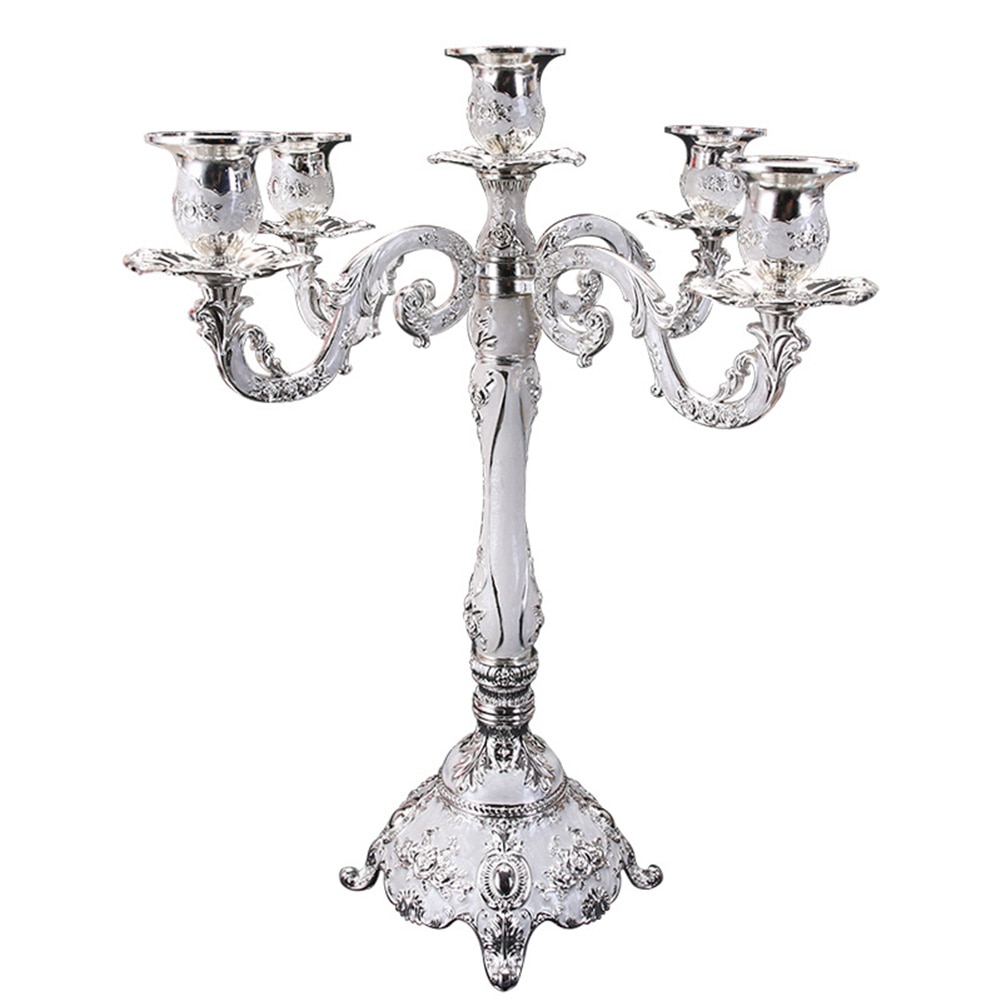 1PC Antique Retro Gold Candlesticks Tall Bronze Silver Christmas Candelabra Wedding Decorations European Metal Candle Holders: Silver White 5 head