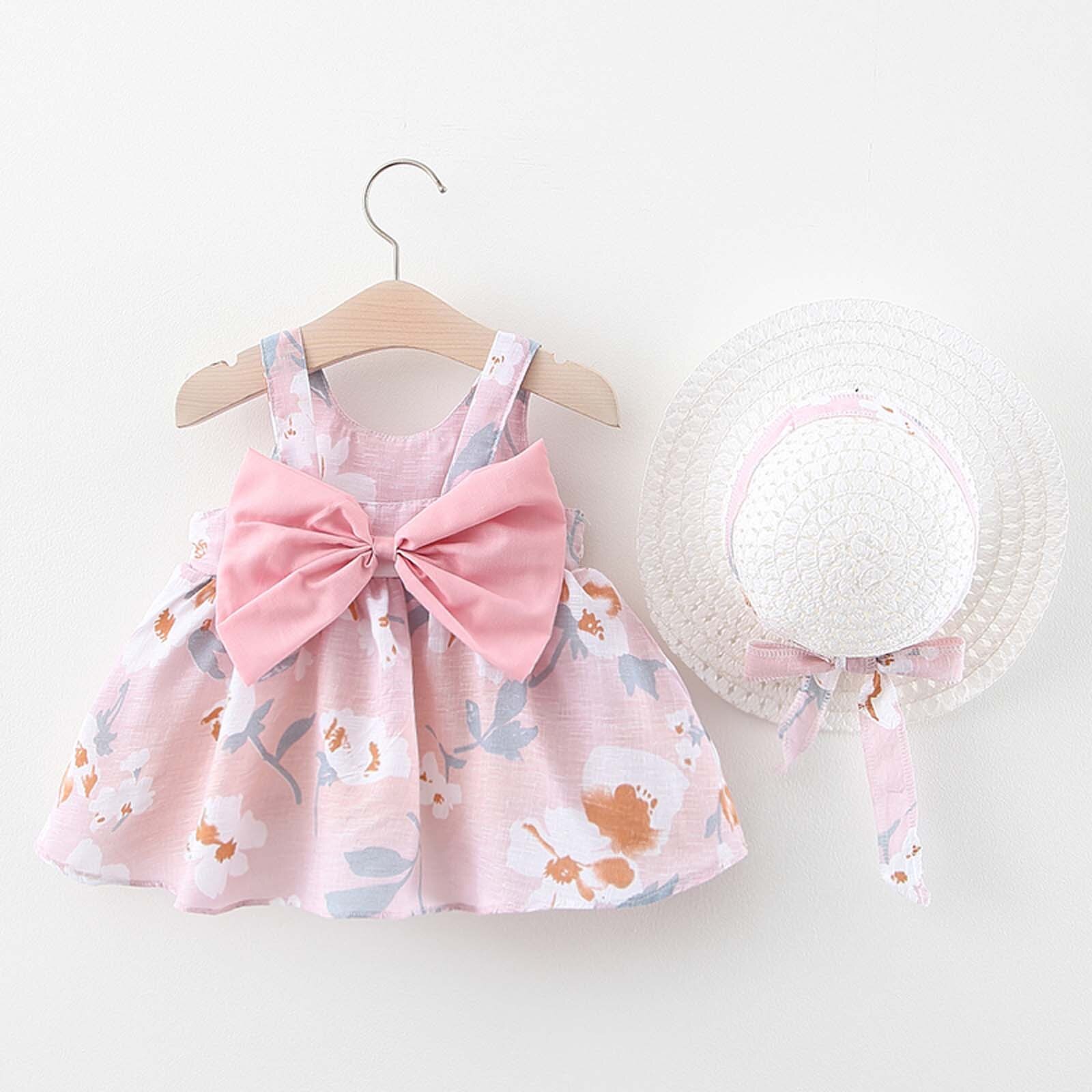 Toddler Kids Baby Girl Summer Bow Print Suspender Dress With Hat Dress for Girls Baby Girl Clothes Set Princess Dress for Girls: Pink / 3-4 Years