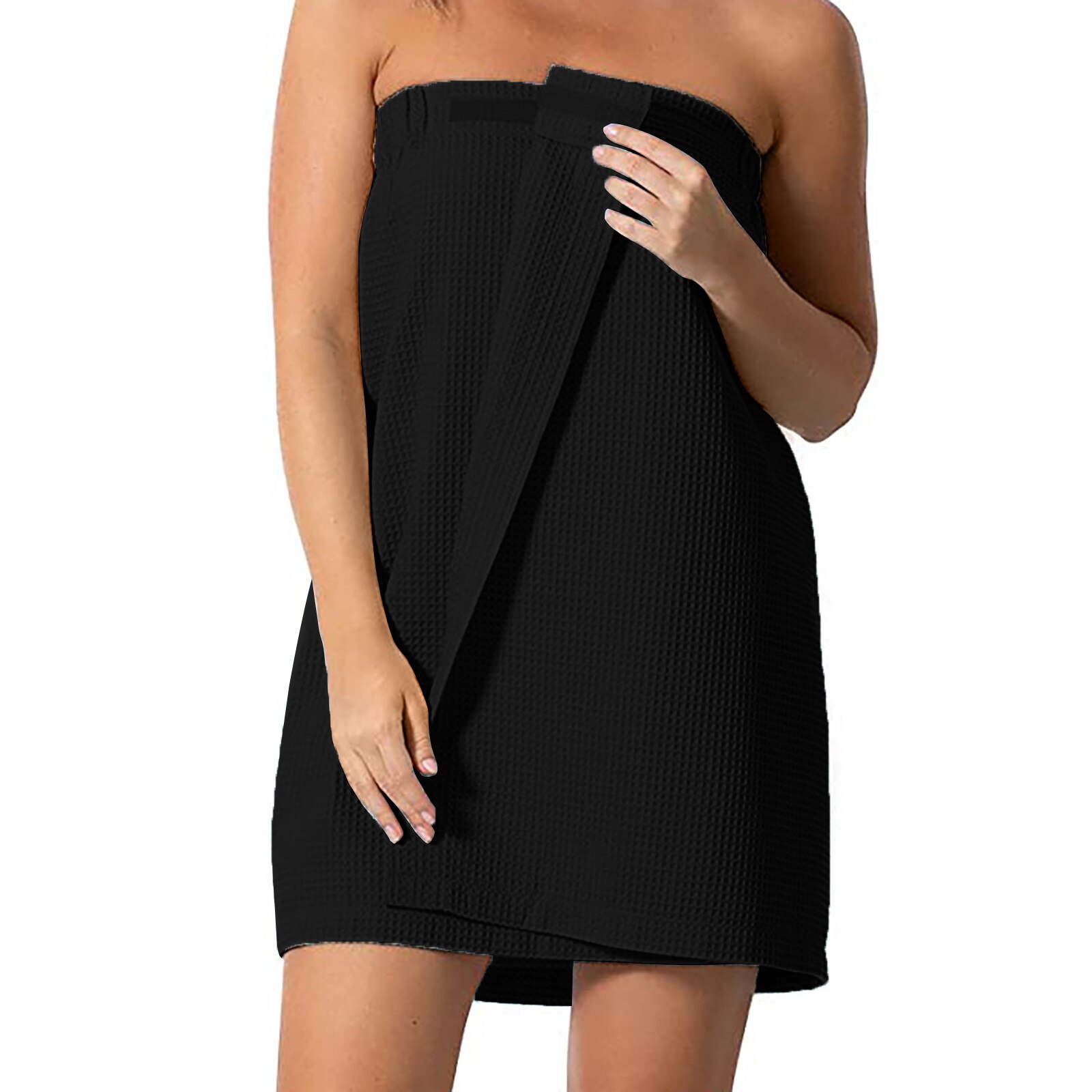 Toalla de baño para mujer, envoltura corporal de Spa Waffle con cierre ajustable, Textiles para el hogar, toallas de baño y Sauna: L / BK