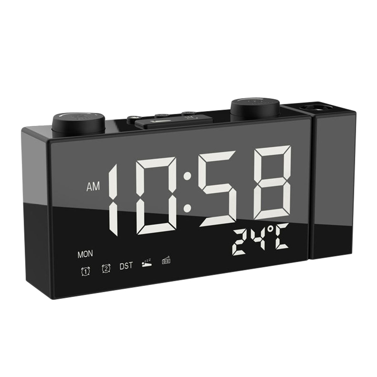 Digital Projection Alarm Clock 2 Alarm Dimmable Clock FM Radio Thermometer USB Charging Port Weather Calendar Time Projection: White
