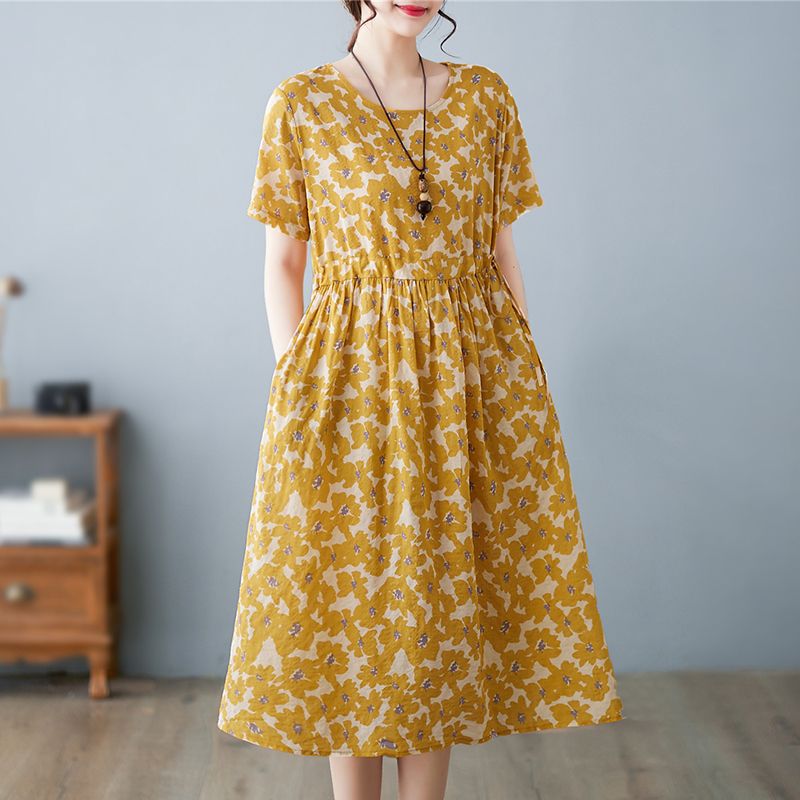 Summer Cotton Linen Literary Vintage Printing Loose Casual Robe Ladies Round Neck Lace Up Waist Dress Vestidos De Fiesta