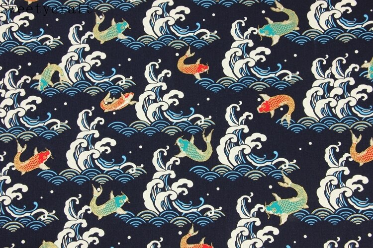 110x45cm Thick cotton fabric by Yard Waves Fish prints Cloth DIY Handmade Sewing Bag Patchwork Material Accessories Home Textile