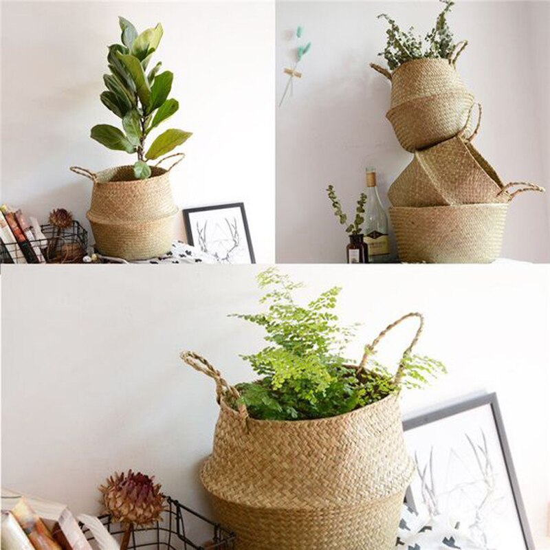 Foldable Natural Seaweed Woven Storage Pot Garden Flower Vase Hanging Baskets Home Decor Planter