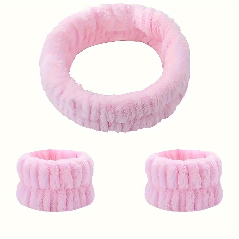 Bandeau de maquillage pour le visage en velours corail, ensemble de bracelets de lavage du visage à haute élasticité, masque Facial, soins de la peau: Rose