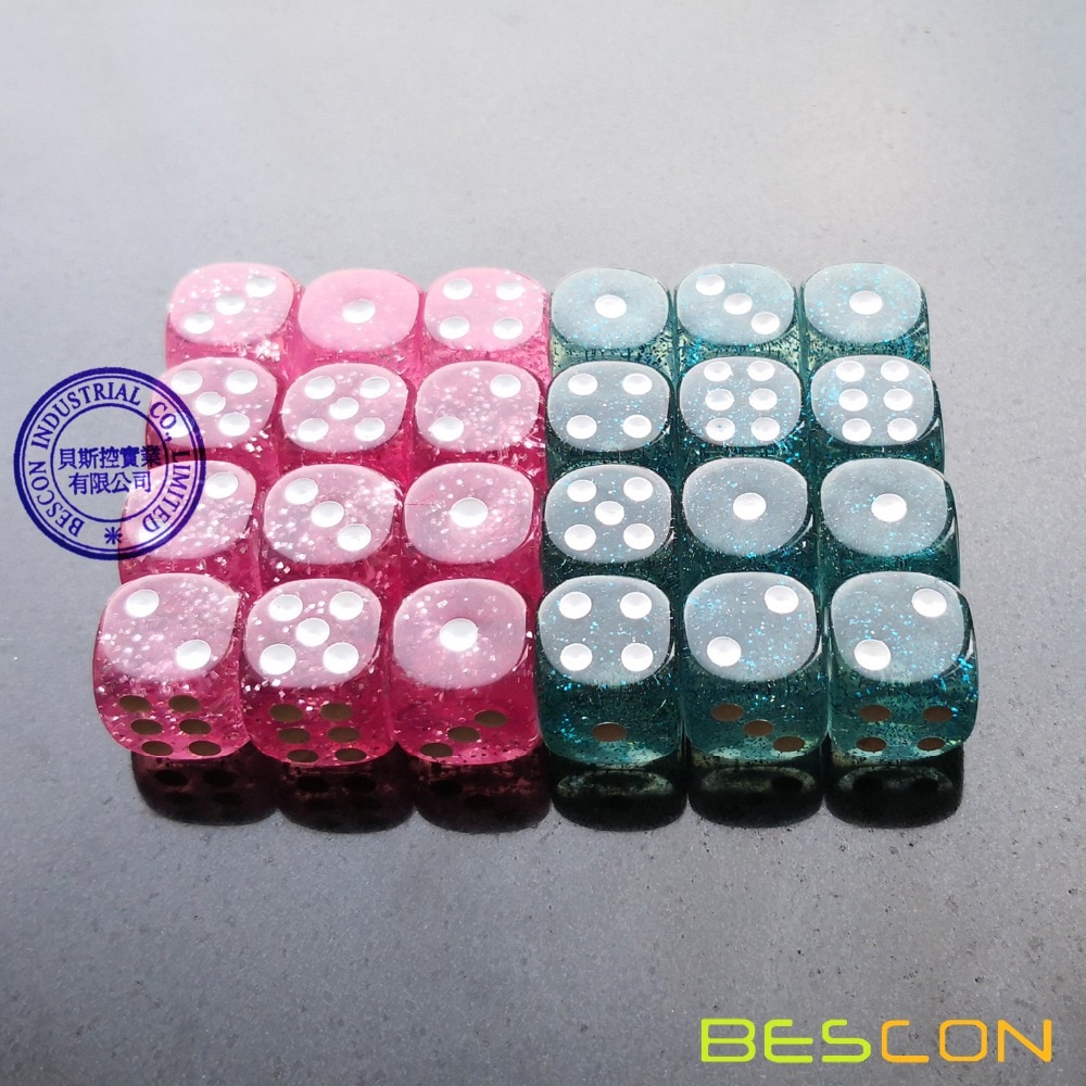 Bescon Ethereal Glitter 12 Mm 6 Zijdig Game Dice Set Van 24 Pcs In Fluwelen Koord Zakje, roze En Teal (12 Stuks Van Elke Kleur)
