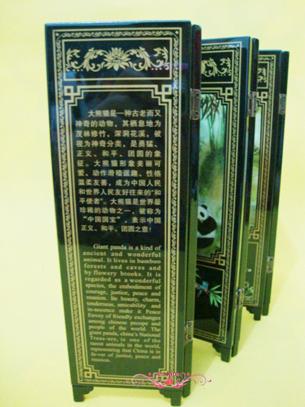 6Pieces Panda Folding Screen Chinese Traditional Lacquerwork Screen Decoration