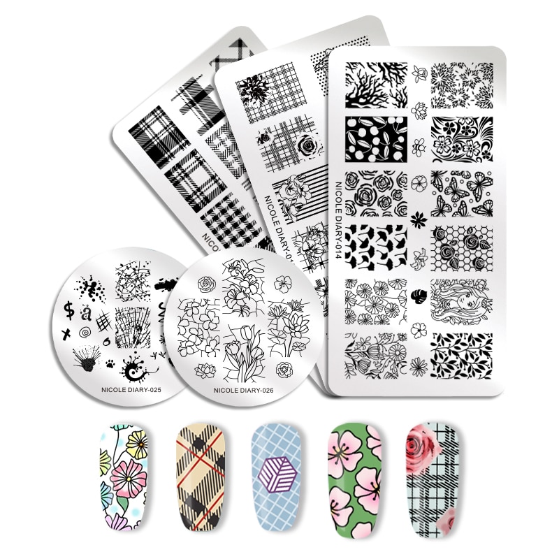 NICOLE DAGBOEK Nail Stempelen Platen Rechthoek Ronde Bloem Grid Plaid Geometrische Afbeelding Print Stencil Nail Template voor Polish Gel