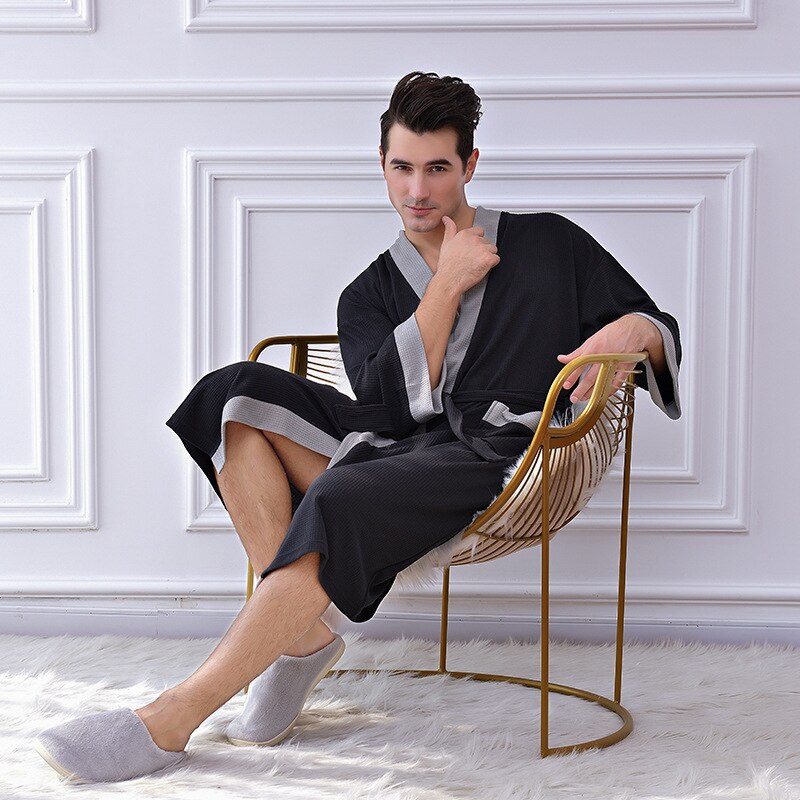 Mannen Nachtjapon Kimono Badjas Voor Man Casual Homewear Wafel Gewaden Herfst Winter Katoenen Kamerjas Nachtkleding Thuis Gewaad: Black / XXL