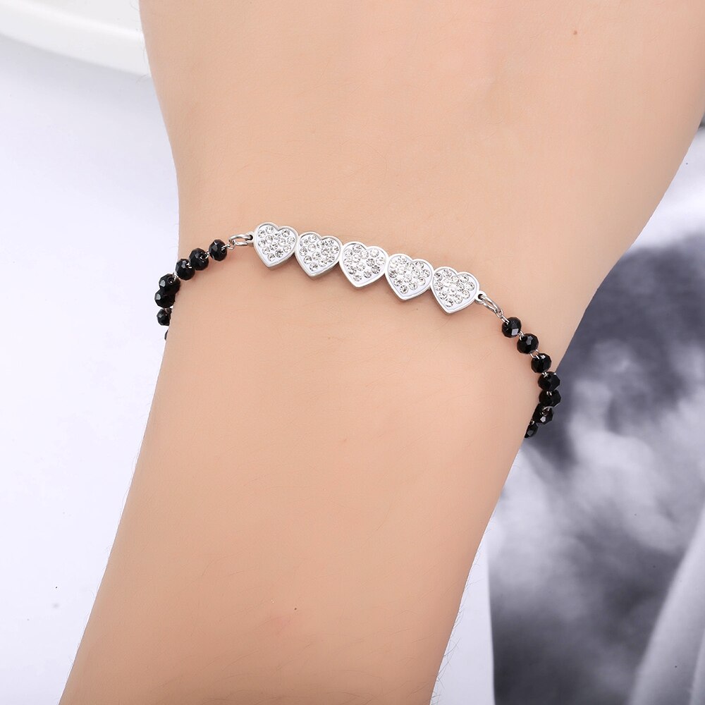 Roestvrij Staal Zwarte Kristal Kralen Armband Voor Vrouwen Rose Gold Hearts Charms Armband Valentines Niet Vervagen Meisjes Sieraden