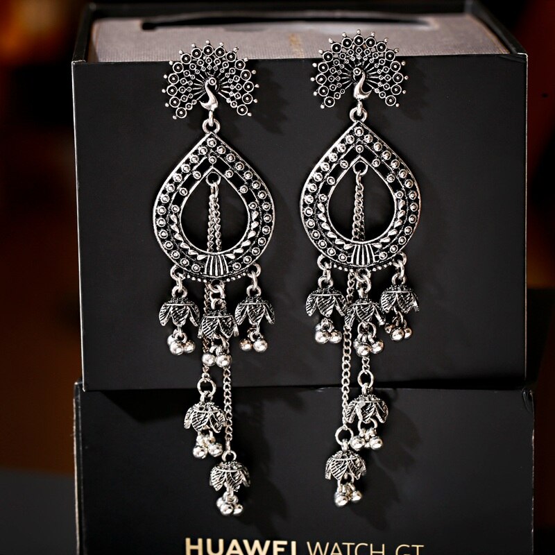 Vintage Indian Bollywood Kundan Peacock Carved Jhumka Jhumki Water Earrings Women Boho Ethnic Long Tassel Earring Jewelry