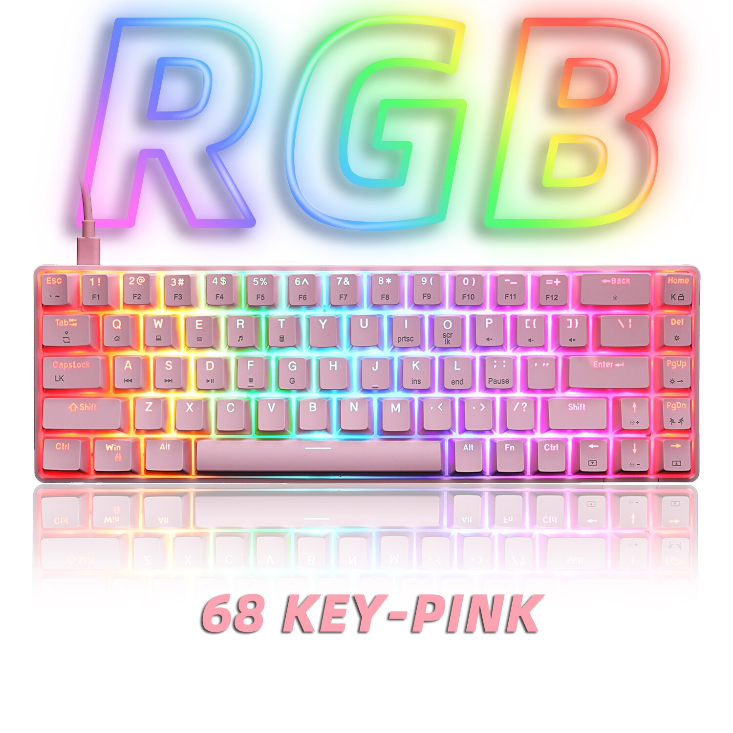 Teclado mecánico para videojuegos RGB, teclado pequeño con cable de 68 teclas, retroiluminación LED, interruptor rojo y azul para Gamer, ordenador portátil y PC: T8 Pink / Interruptor azul