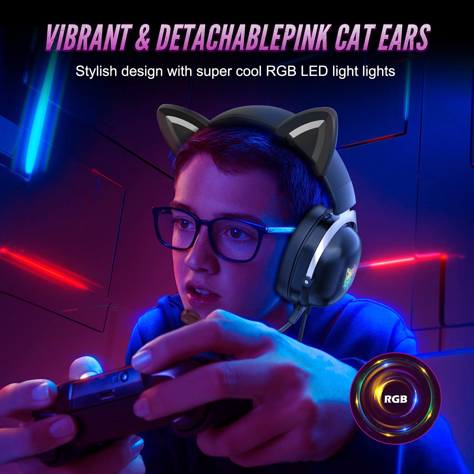 Onikuma X11 Black Cute Cat Ear Headphone with Mic Cute Gaming Headset with Mic and Noise Cancelling Headphone Gaming with Led Li