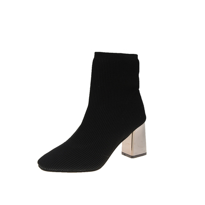 EOEODOIT Herbst Karree Stiefel Socke Schuhe Unterhose Auf Hohe Quadratische Ferse Frauen Pumpen Schuhe strecken Stoff: Schwarz / 6