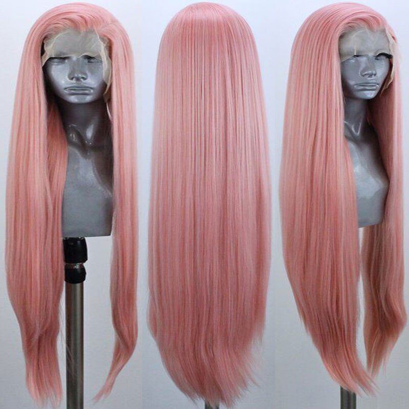 Mix Roze Zijde Recht Synthetische Lace Front Pruik Lijmloze Hittebestendige Vezel Natuurlijke Haarlijn Zijscheiding Voor Vrouwen Party Pruiken