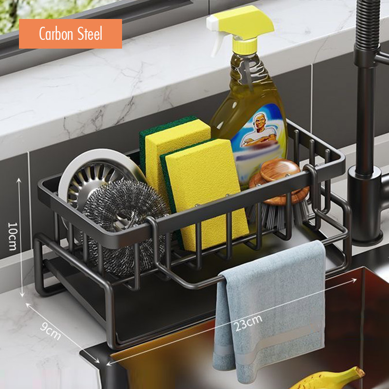 Kitchen Sink Drain Rack CarbonSelf-draining Sink Shelf Soap Sponge Holder Dishcloth Towel Rack Filter Basket Kitchen Accessories: DARK GRAY