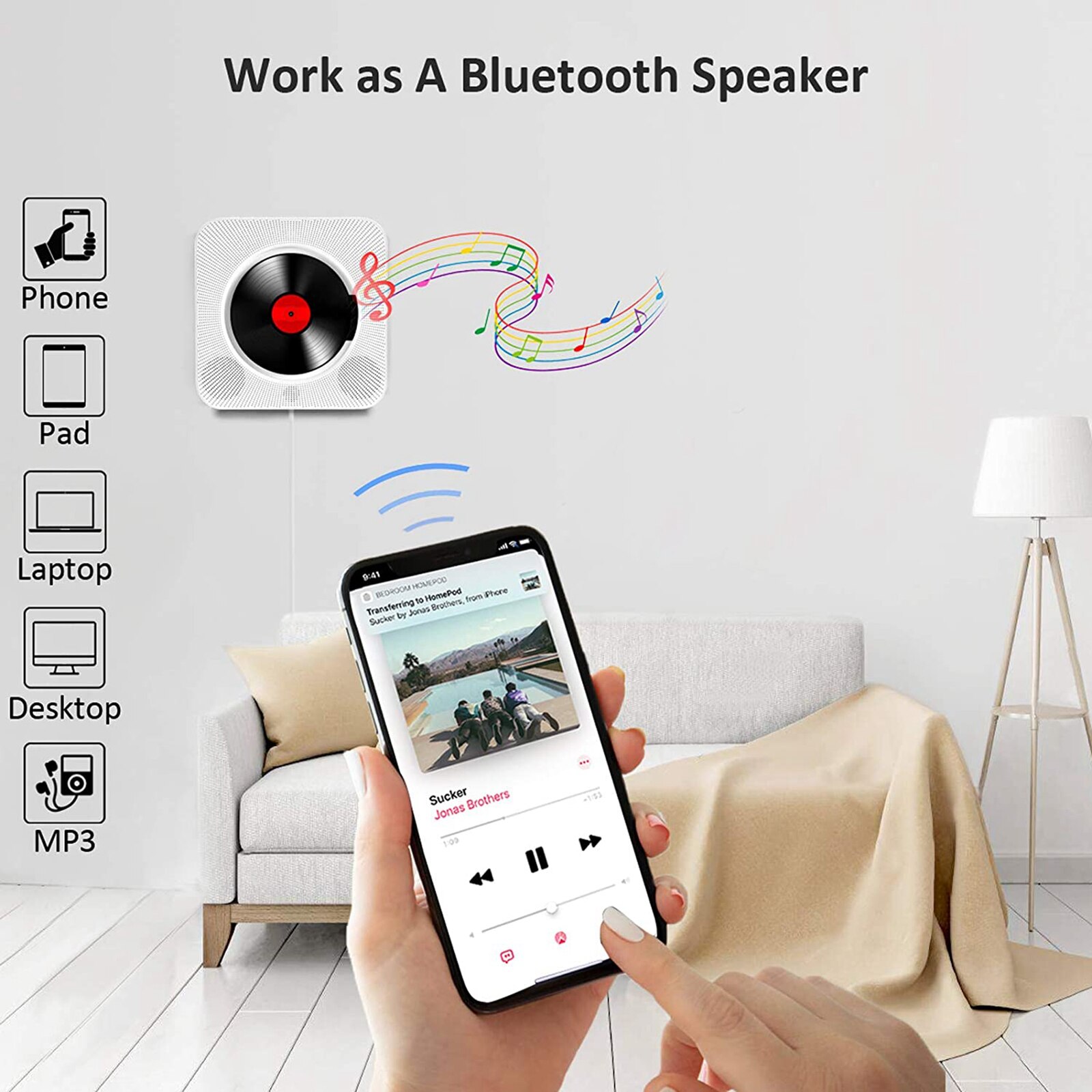 Reproductor de música con Bluetooth, CD, color blanco, montado en la pared, Radio FM, USB, TF, entrada auxiliar