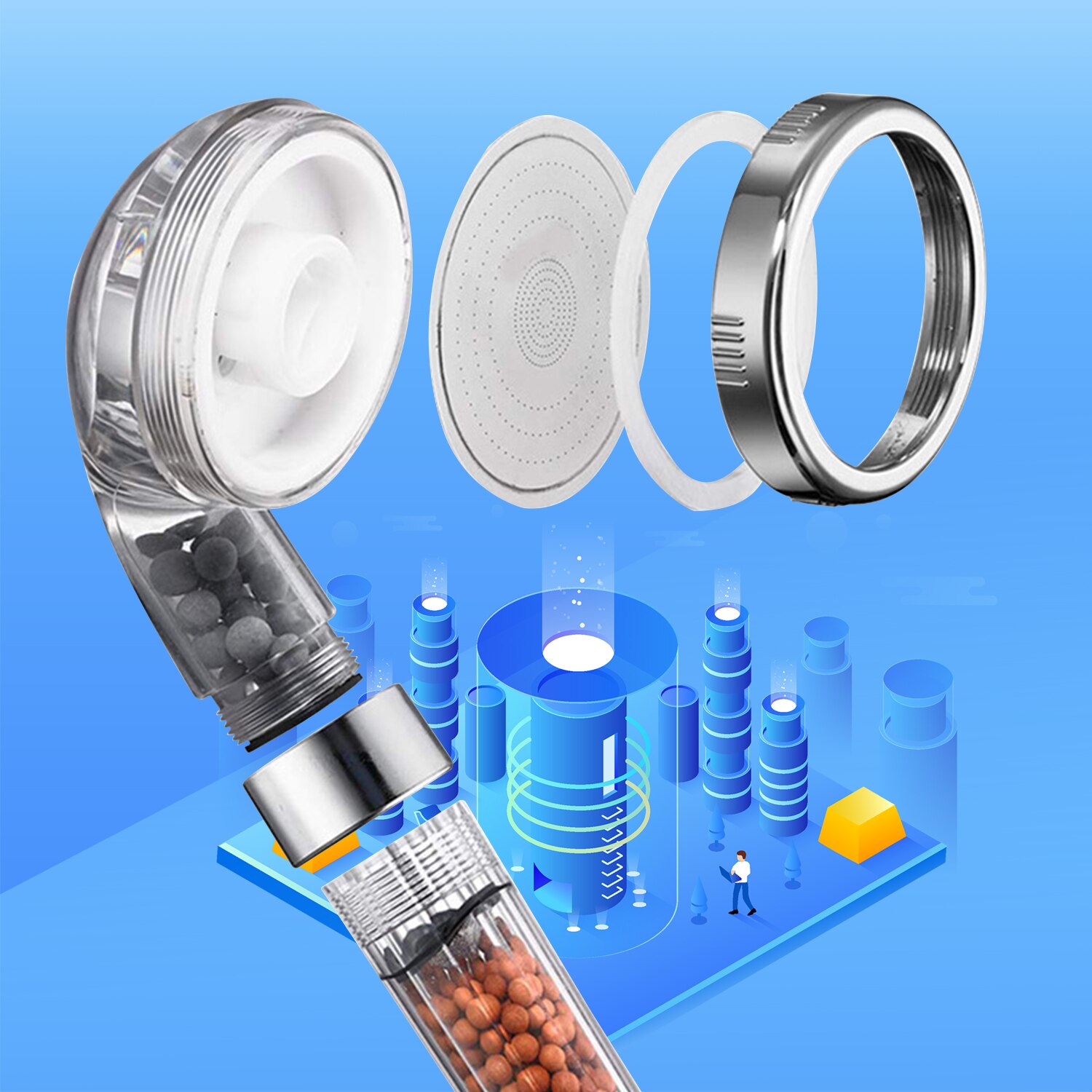 Water Therapy SPA Shower Bath Filter High Pressure Water Saving Rainfall Shower Head With Negative Ion Activated Balls