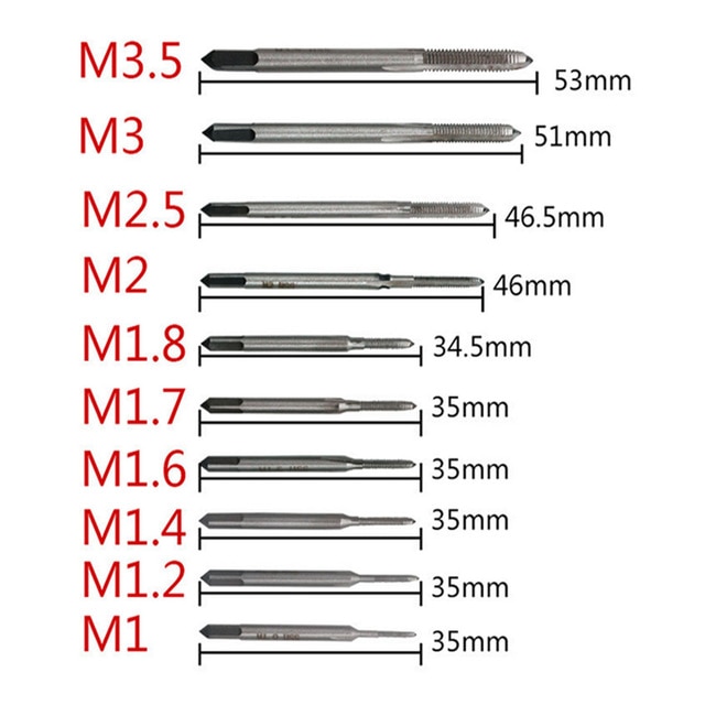 10 stk/sæt håndværktøj tap tap tråd trådning/gevindskæring/haner/angreb  m1 m1.2 m1.4 m1.6 m1.7 m1.8 m2 m 2.5 m 3 m3.5