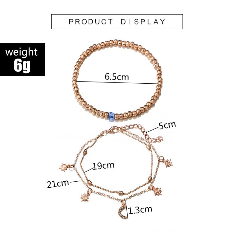 Conjunto de pulseras tobilleras bohemias con cuentas multicapa, con colgante de luna y estrella, pulseras de cadena para mujer, joyería para el tobillo Pie, de 2 uds