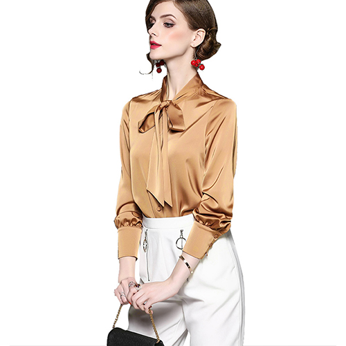 White Formal Shirts For Women Office Wear Blusas Spring Blouse Silk Satin Women Blouses Long Sleeve Top: Khaki / L