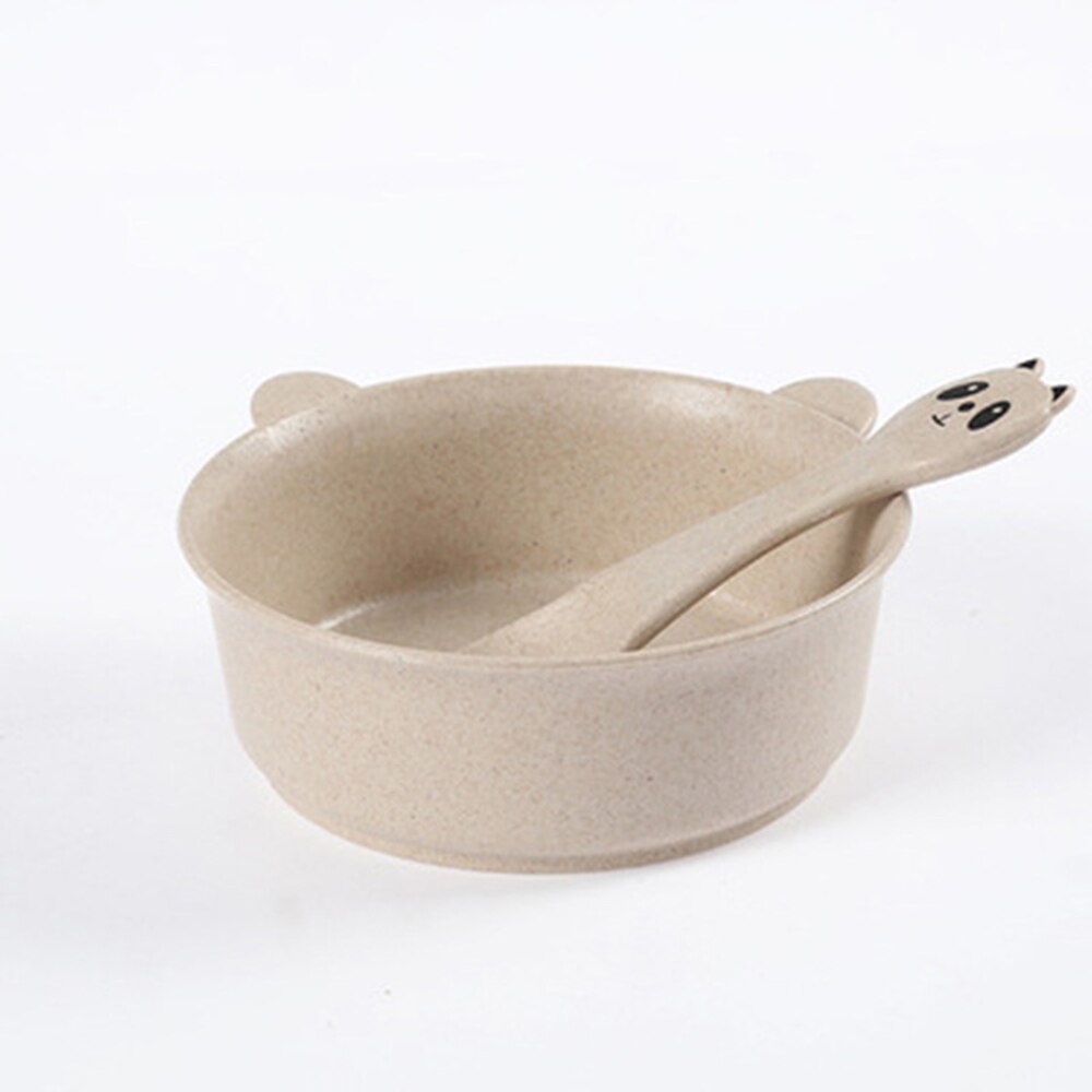 1pcs Baby Feeding Food Tableware Cartoon Panda Kids Dishes Baby Eating Dinnerware Set Wheat Stalk Anti Training Bowl Spoon: Beige