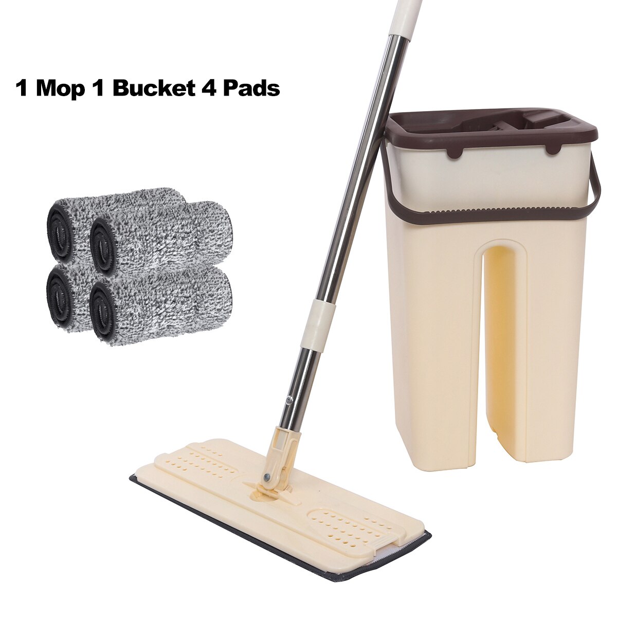 Flat Squeeze Mop and Bucket Hand Free Wringing Floor Cleaning Lazy Mop Wet Dry Usage with Microfiber Mop Pads