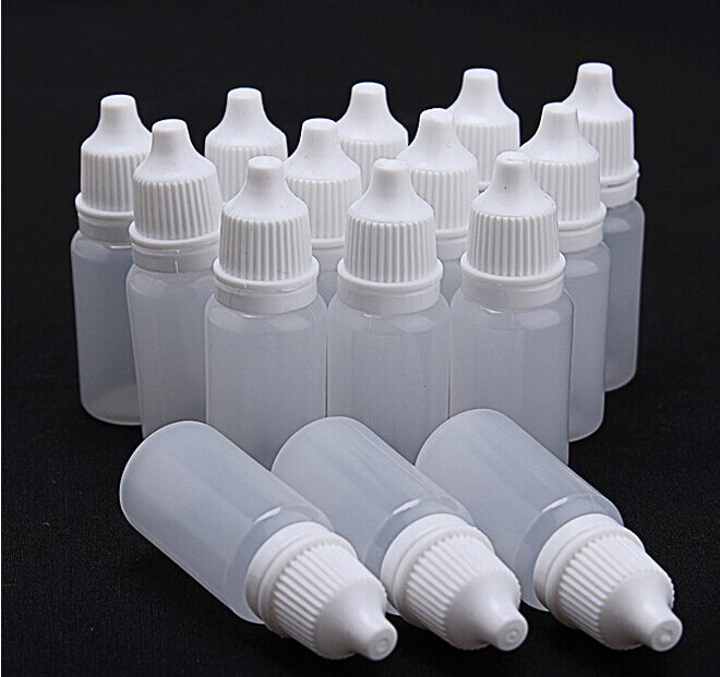 10ml tomme dråpeflasker i plastbeholdere, egnet for løsemidler, lette oljer, maling, essens, øyedråper, saltvann: 25 stk
