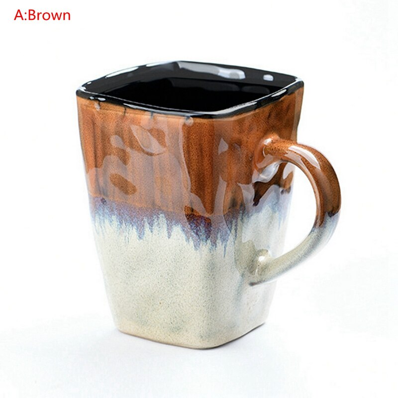 Retro Personality Square Cup Ceramic Cup Large Capacity Mug With Spoon Coffee Cup Household Couple Cup Cups And Mugs: A Brown