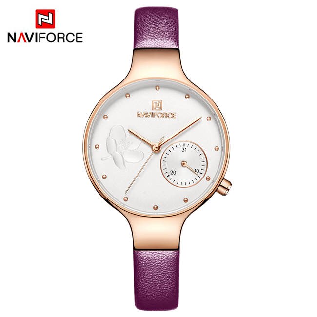 Naviforce Vrouwen Mode Blue Quartz Horloge Lady Lederen Horlogeband Casual Waterdicht Horloge Voor Vrouw: Paars