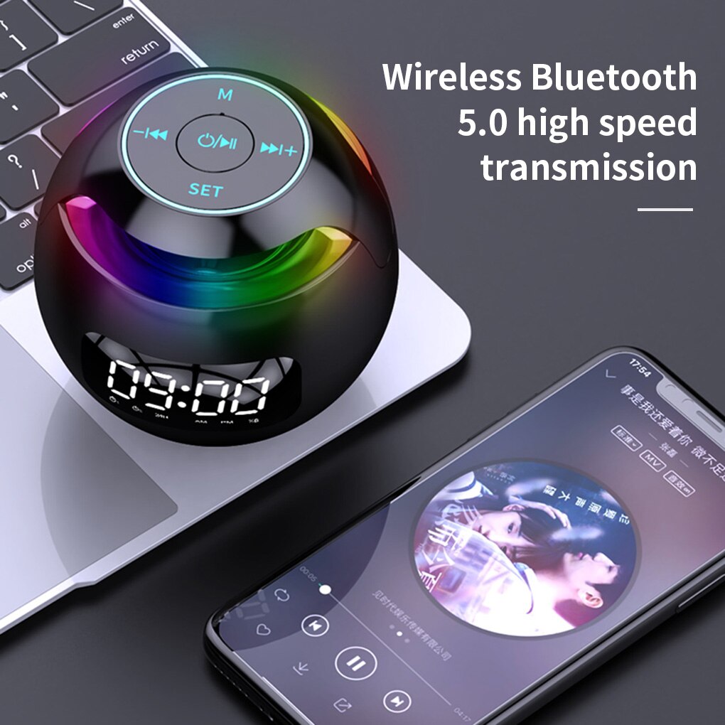 Digital Alarm Clock Bluetooth-compatible 5.0 Speaker Music Player Wireless Ball Shape Clock Speaker with FM function