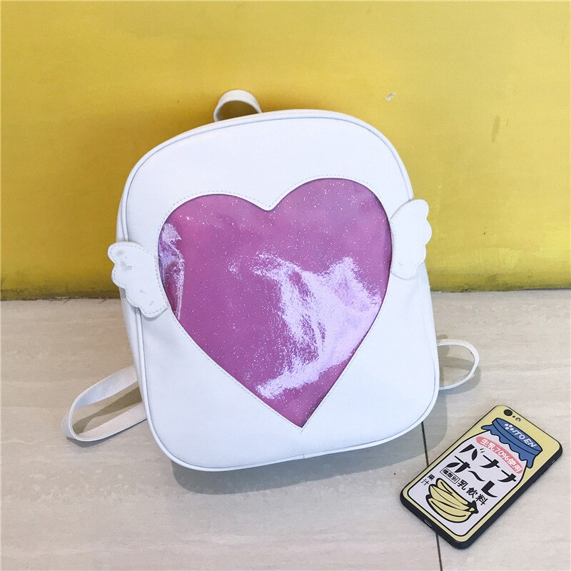 MSMO 'Ita-bag' Glitter Klar Klappe Flügel Rucksack Japan Harajuku Mädchen Kawaii Bling Transparent Liebe Schule Tasche: white pink