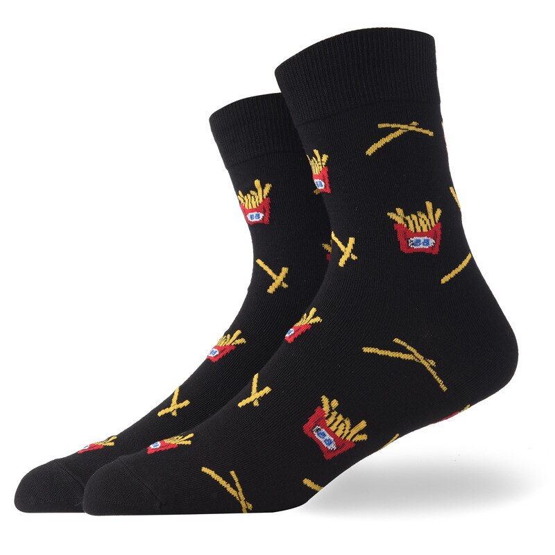 Calcetines divertidos de algodón peinado para hombre y mujer, medias con diseños divertidos, desayuno, cerveza, patatas fritas, Bacon, plátano, huevos fritos, comida, dibujos animados: Negro