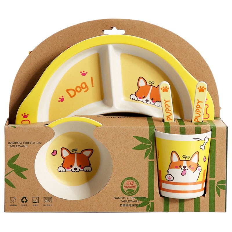 Vajilla de fibra de bambú para comer con dibujos animados para bebés, plato de comida para niños, plato de alimentación para niños, Bol de entrenamiento para niños, cuchara, tenedor, 5 unids/set: D