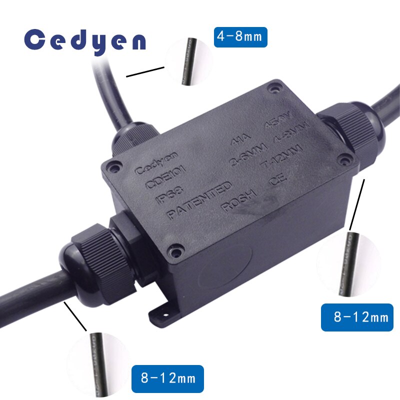 Outdoor Waterproof Junction Box Electrical Case Cable Wire Connector Two Ways IP68 Black Sealed Plastic Underwater with Terminal: 1P 4-8 mm 2P 8-12 mm