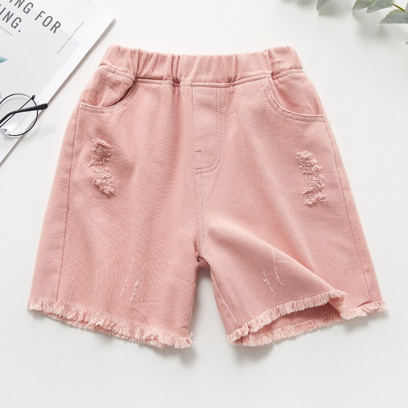 Kids Girl Denim Shorts Summer Bottoms Tassels Edge Flower Embroidery Breathable Elastic Waist Clothes