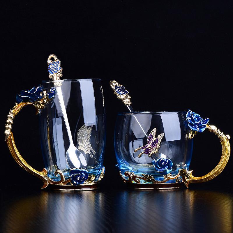 Te glas emalje kaffekop skønhed blomst blå roser krus til og kolde drikke te juice kop ske sæt perfekt bryllup