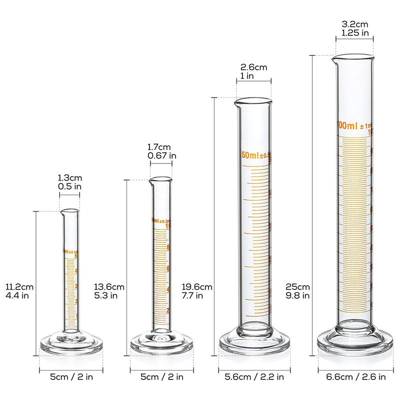 4 målecylinder  - 5ml, 10ml, 50ml, 100ml -  premiumglas - indeholder 2 rengøringsbørster  + 3 x 1ml glaspipetter