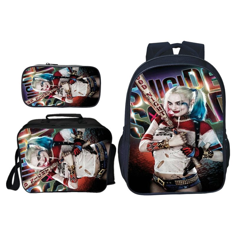 3Pcs/Set 3D Printing Suicide Squad Teenagers Girls School Backpacks Harley Quinn Kids Baby Book Bags Kindergarten: black1 / 16 Inches