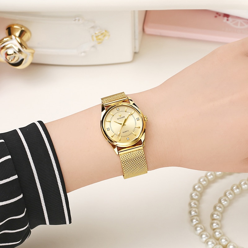 Woor luksus mærke kjole guldur dame diamant små quartz armbåndsure til kvinder stål mesh ur zegarek damski