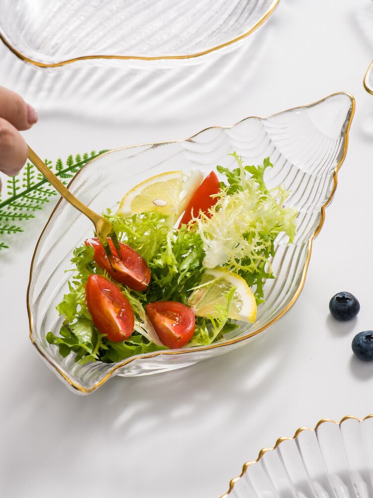 Gylden kant glas plade diy hav konkylie kammusling smykker opbevaring salat plade dessert skål middag plader sushi plade sashimi plade