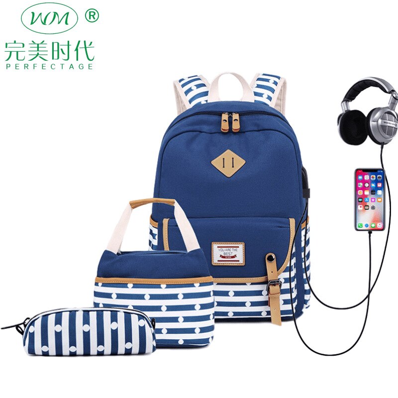 Usb Zak Vrouwen Aankomst Vrouwen Canvas Rugzak Schooltas Voor Meisjes Rugzak Rugzakken Schooltassen Reizen 3 Pcs
