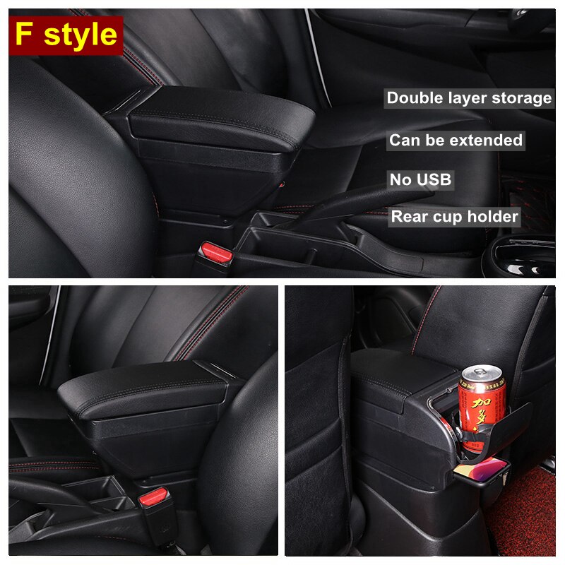 For Dacia Sandero Stepway armrest box central Store content Storage box Double layer armrest box with Ashtray Cup holders: F All Black No USB