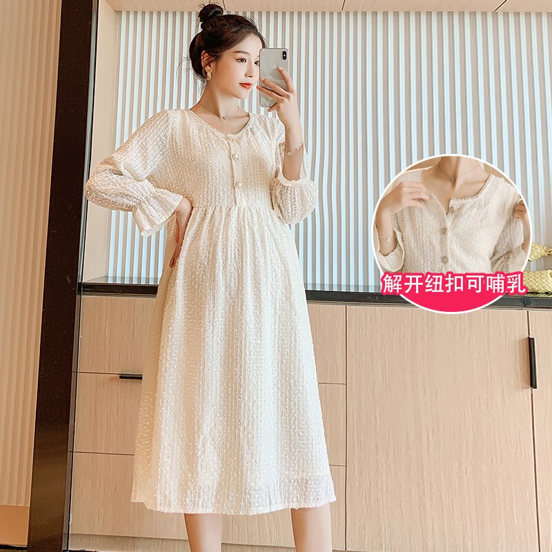 8201# Autumn Korean Maternity Party Long Dress Slim Waist Clothes for Pregnant Women Pregnancy Clothing