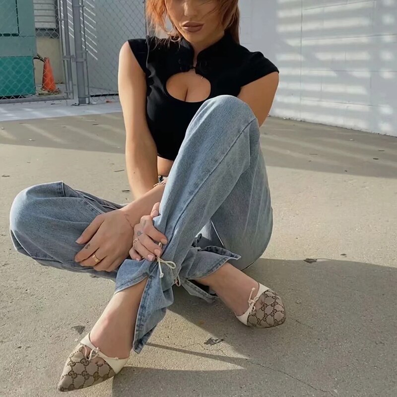 Gewassen denim broek jeans dames boyfriend jeans casual broek split lange broek onderkant zwarte jeans