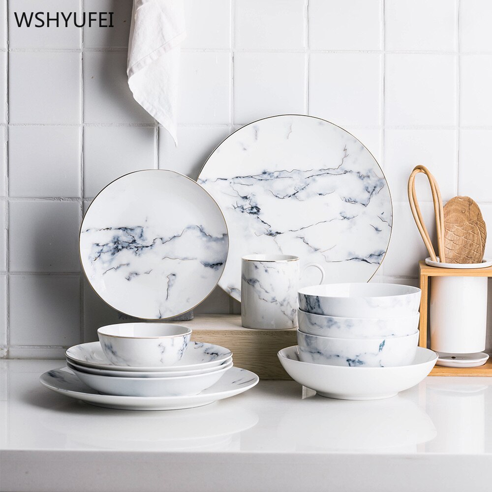 Marble Stripe Large Round Ceramic Plate Western Steak Pasta Salad Fruit Dessert Cake Storage Tableware