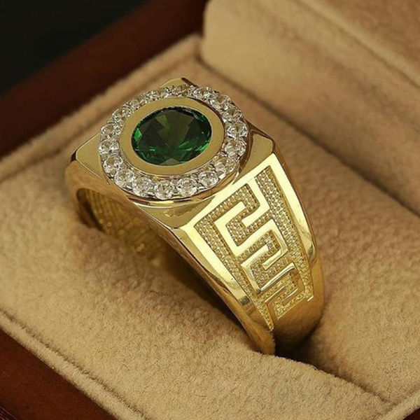 Klassisk guldring til mænd, luksuriøst indlagt med grønne sten, ringe til mænd, fest, vielsesring, jubilæum