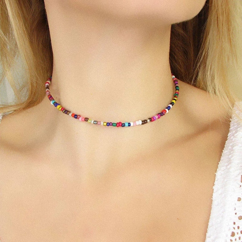 Zuowen-gargantilla elástica hecha a mano con cuentas, collar de cadena colorido bohemio para mujer, joyas de de verano